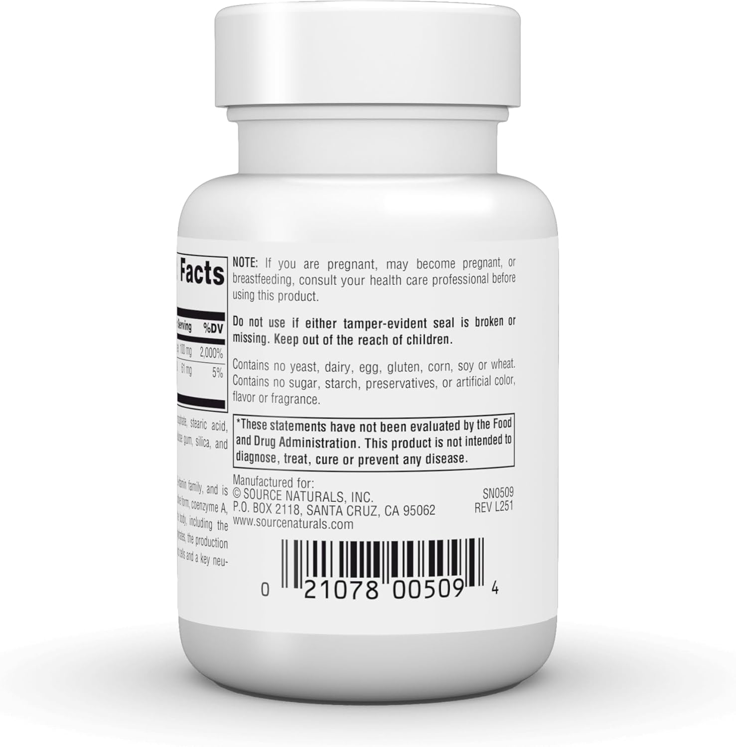 Source Naturals Ácido Pantoténico 100 mg - Vitamina B5 - 100 Comprimidos