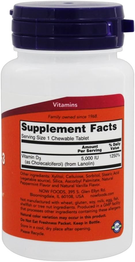 Now Foods Vitamina D-3 5000 UI Comprimidos Masticables, Sabor Menta, 120 Comprimidos
