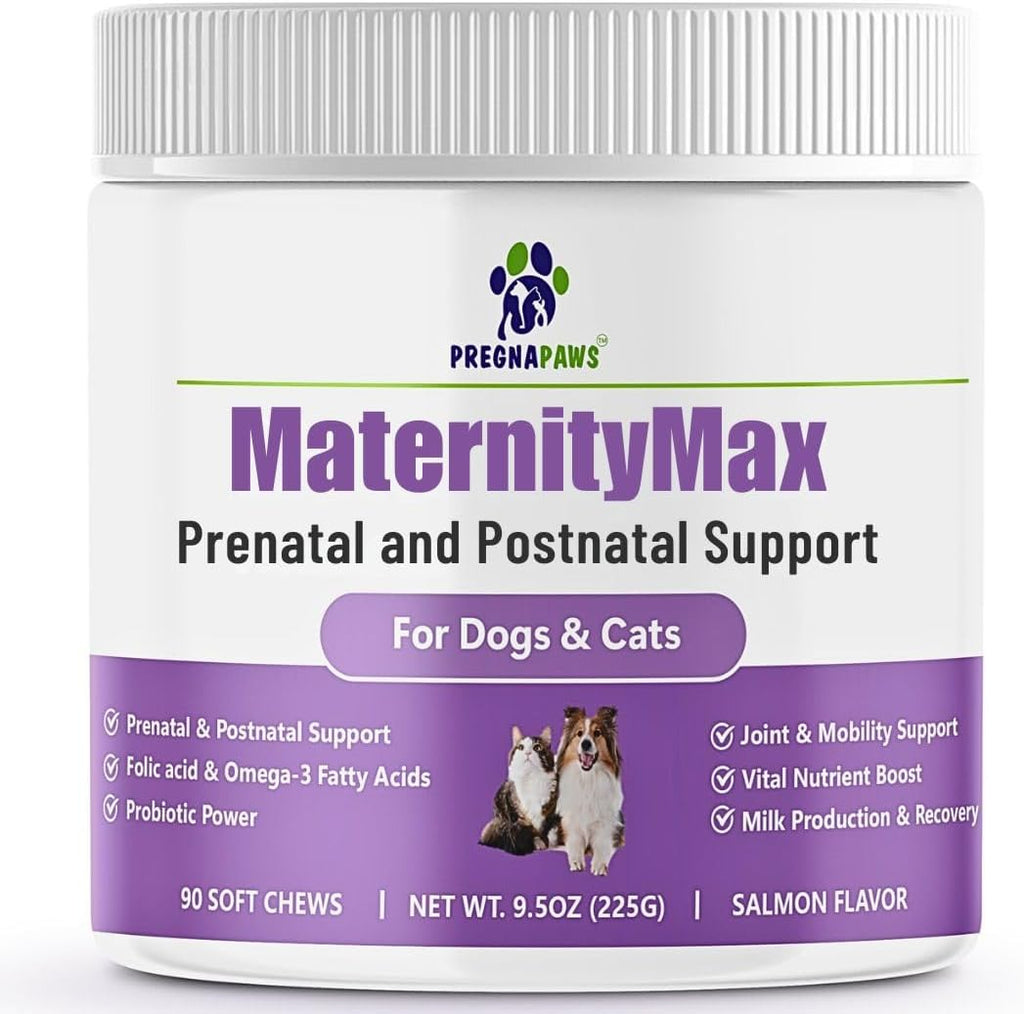 MaternityMax Vitaminas Prenatales para Perros y Gatos - Suplemento Pre y Postnatal con Probióticos, Glucosamina, MSM, CoQ10 y Vitaminas Esenciales - 90 Chews Blandos Sabor Salmón