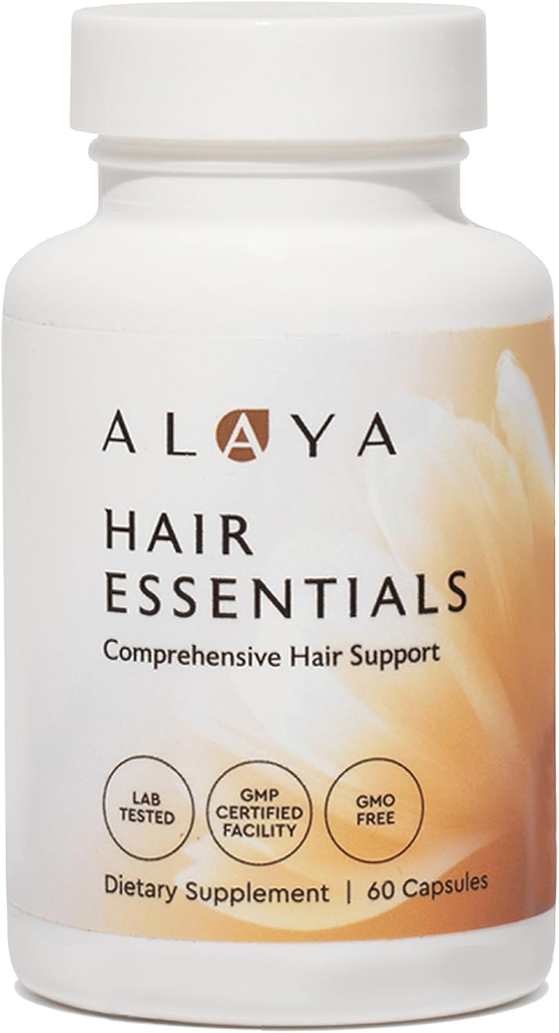 Alaya Hair Essentials - Suplemento Capilar con Biotina, Queratina, Folato, Vitamina B12, B6 - Probado en Laboratorio - Sin Gluten - 30 Días
