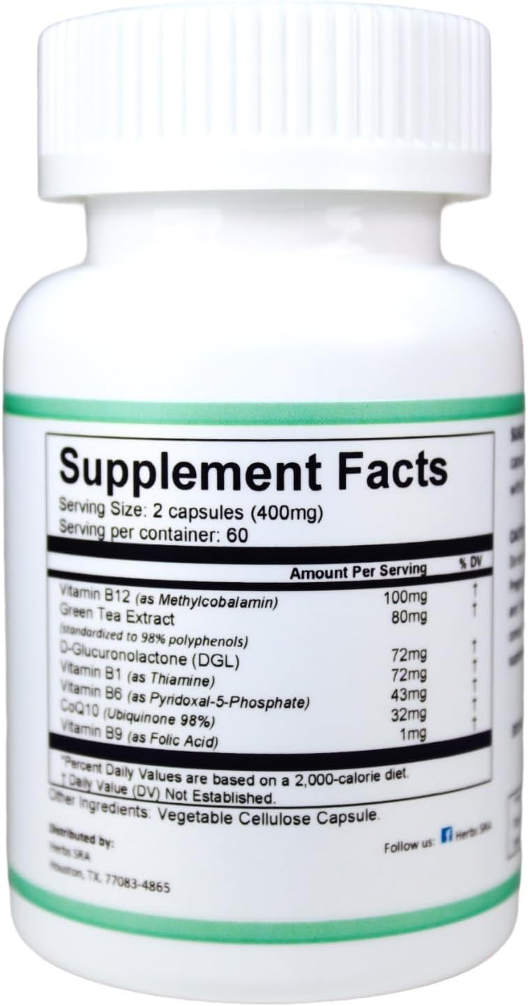 HerbSRA ENERGYAID Suplemento Antioxidante de Energía con Vitamina B6, Té Verde y CoQ10 – 120 Cápsulas Vegetarianas