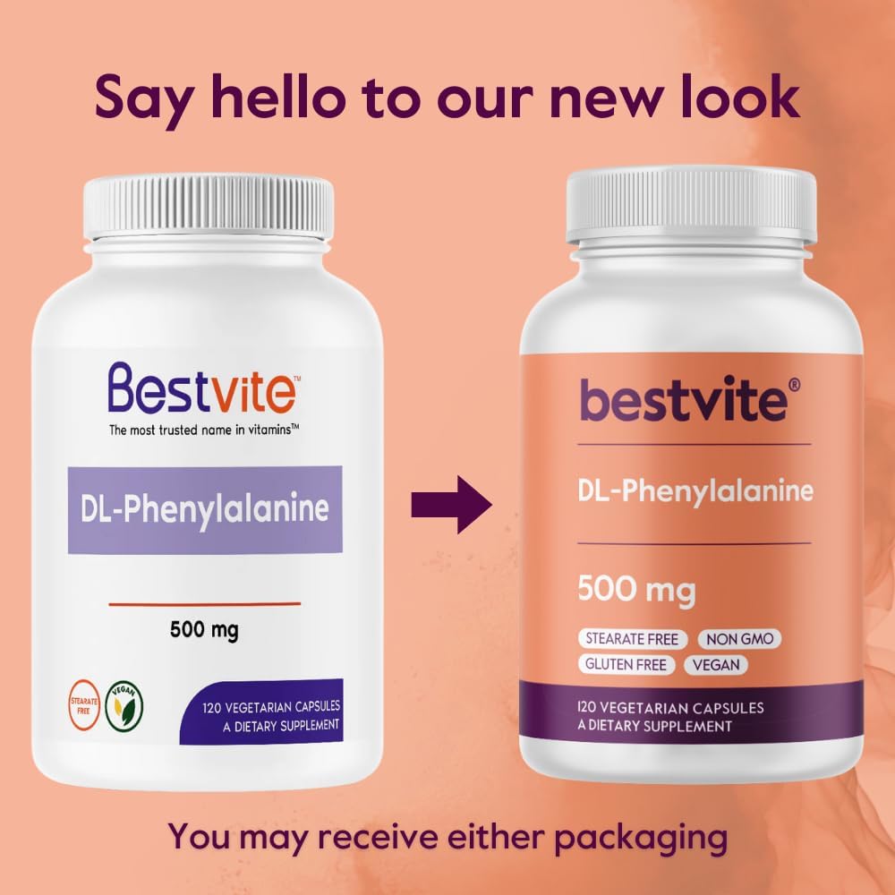 BESTVITE DL-Phenylalanine 500mg - 120 Vegetarian Capsules - Stearate-Free - Filler-Free - Vegan - Gluten-Free