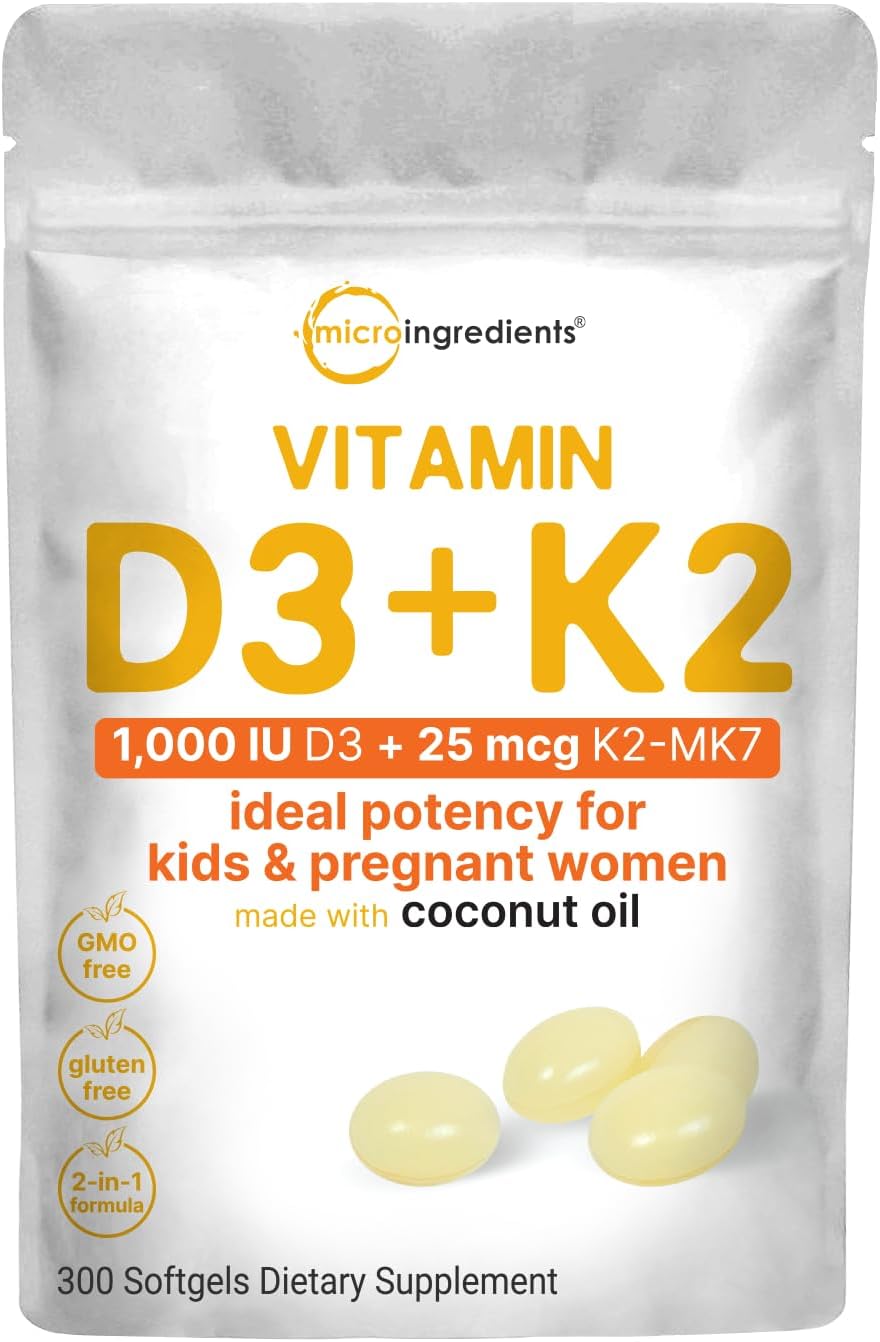 Micro Ingredients Vitamina D3 1.000 UI + K2 MK-7 25 mcg, 300 Cápsulas Blandas | Aceite de Coco Virgen