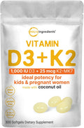Micro Ingredients Vitamina D3 1.000 UI + K2 MK-7 25 mcg, 300 Cápsulas Blandas | Aceite de Coco Virgen
