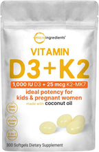 Micro Ingredients Vitamina D3 1.000 UI + K2 MK-7 25 mcg, 300 Cápsulas Blandas | Aceite de Coco Virgen