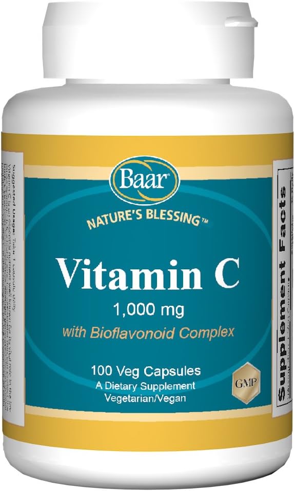 Baar Nature's Blessing Vitamina C, 1000 mg, con Complejo de Bioflavonoides, 100 Cápsulas Vegetarianas