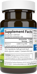Carlson - Vitamina A, 10000 UI (3000 mcg RAE), Salud Visual, 100 Cápsulas Blandas