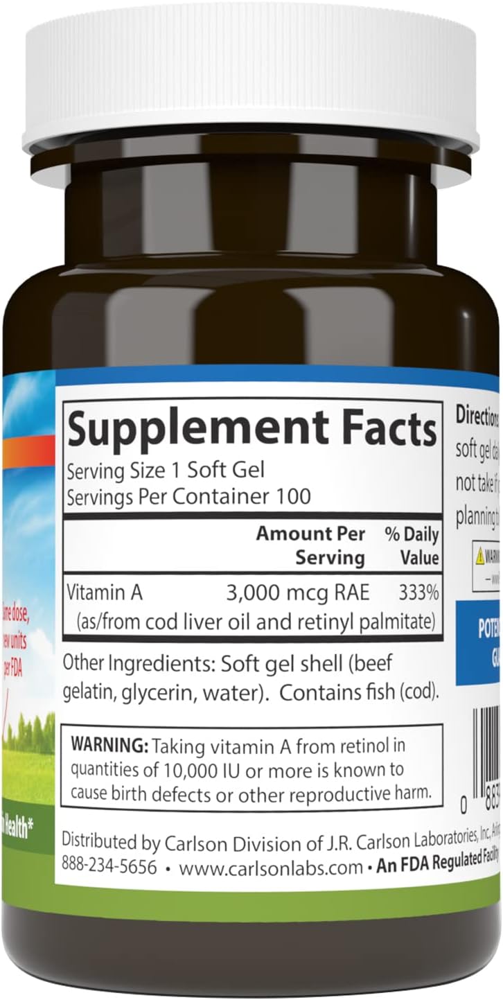 Carlson - Vitamina A, 10000 UI (3000 mcg RAE), Salud Visual, 100 Cápsulas Blandas
