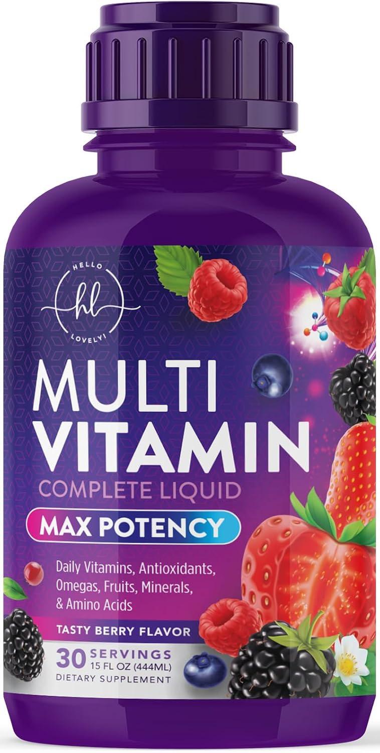 Hello Lovely! Multivitamínico Líquido Sin Azúcar - Complejo de Vitaminas A, C, D, B12, Biotina y Zinc - Sabor Bayas, 444 ml