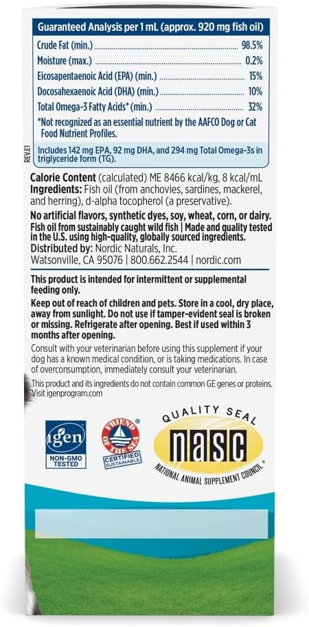 Nordic Naturals Omega-3 Pet, sin sabor - 2 oz (60 ml) - 294 mg Omega-3 por mL - Aceite de pescado para perros pequeños y gatos con EPA y DHA