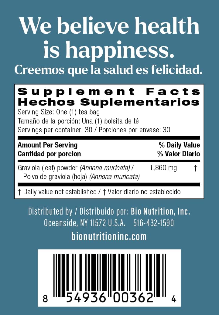 BIO NUTRITION INC. Graviola Soursop Tea, 30 bolsitas, 9 g