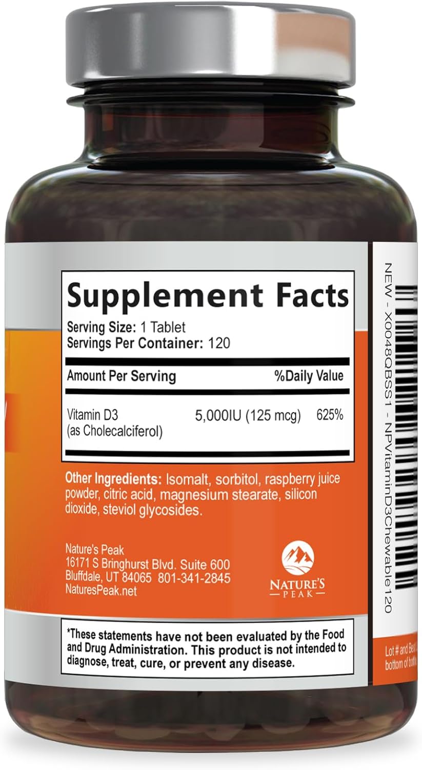 Vitamina D3 5000 UI (125 mcg) por Porción - Triple Potencia - Apoyo Inmunológico, Huesos, Dientes y Músculos - Vegano, Sin Gluten, Sabor a Frambuesa - 120 Comprimidos Masticables