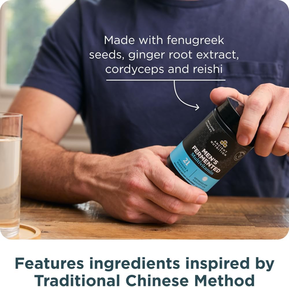 Ancient Nutrition Multivitamínico para Hombres, Multivitamínico Fermentado con Vitaminas Metiladas A, C, D, E, K, Zinc y Magnesio, Apoyo Inmunológico, Vegano, 60 Cápsulas