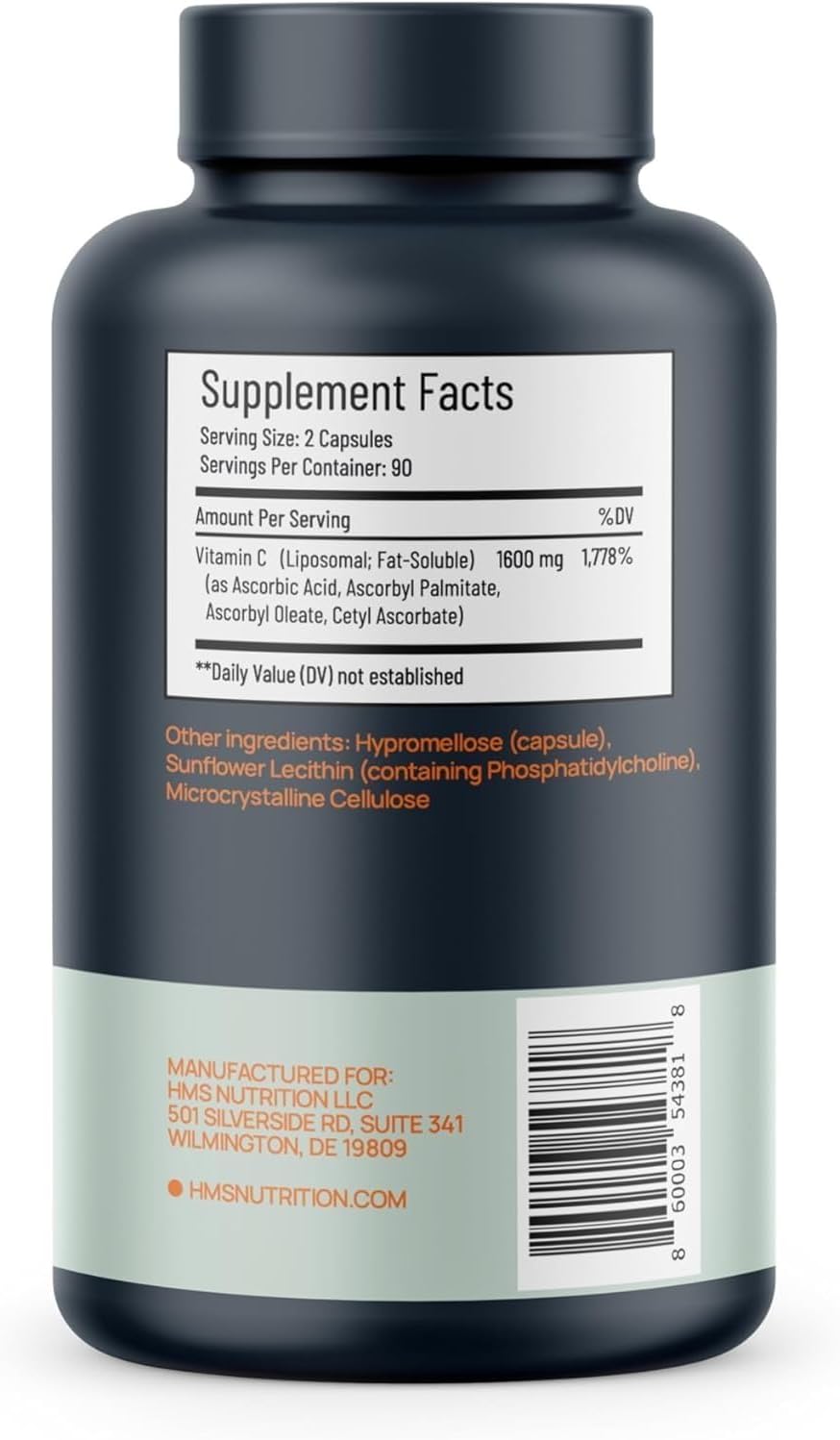 HMS Nutrition Vitamina C Liposomal 1600 mg — Cápsulas Liposomales de Alta Absorción para el Apoyo Inmunitario y la Piel | Certificado NSF, No GMO, Sin Gluten | 180 Cápsulas (Suministro para 90 Días)