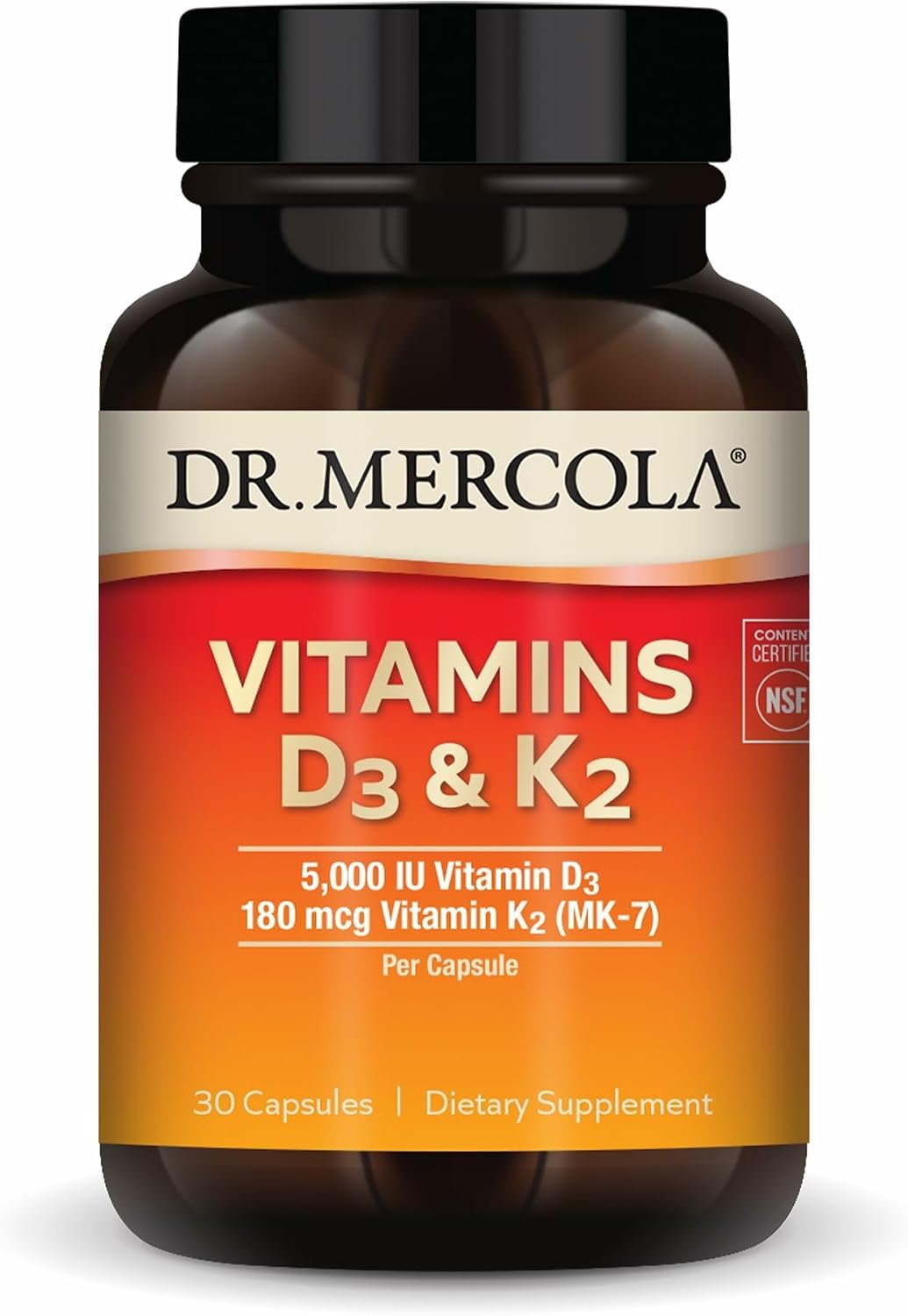 Dr. Mercola Vitamina D3 y K2 - 5000 UI D3 y 180 mcg K2 - 30 Cápsulas