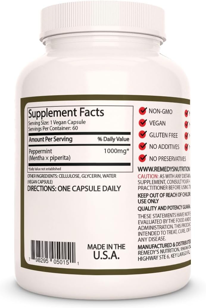 Remedy’s Nutrition Hoja de Menta Piperita – 1000 mg, 60 Cápsulas Veganas – Suplemento Herbal