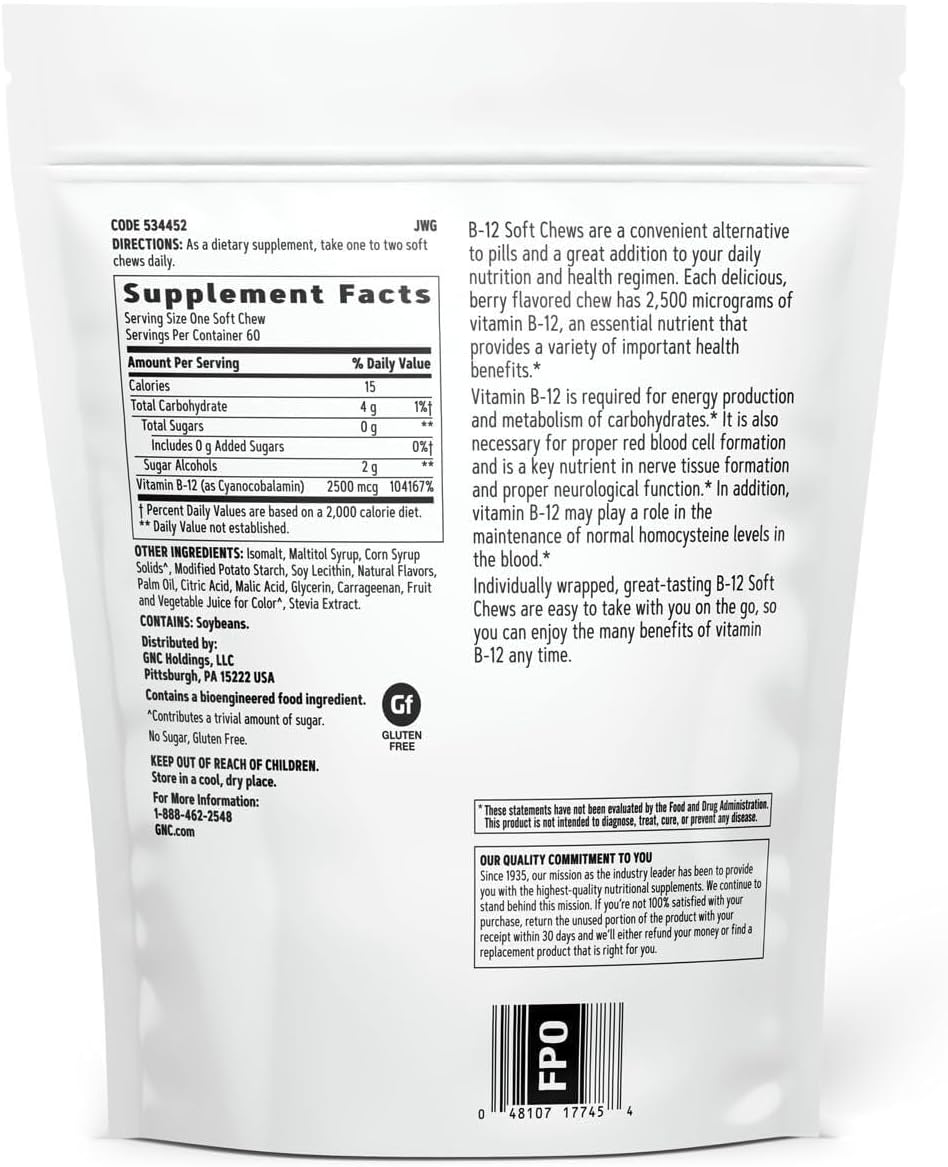 GNC Vitamina B12 2500mcg Complemento Alimenticio, 60 comprimidos masticables