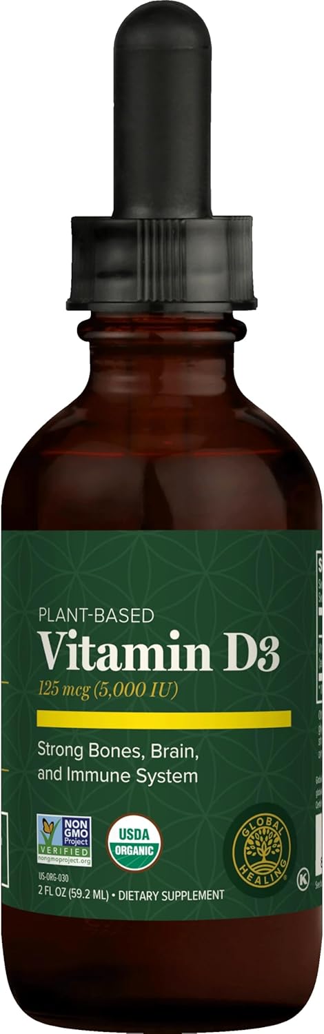 Global Healing Vitamina D3 Orgánica 5000 UI - Suplemento Vegano de Vitamina D3 - 2 fl oz