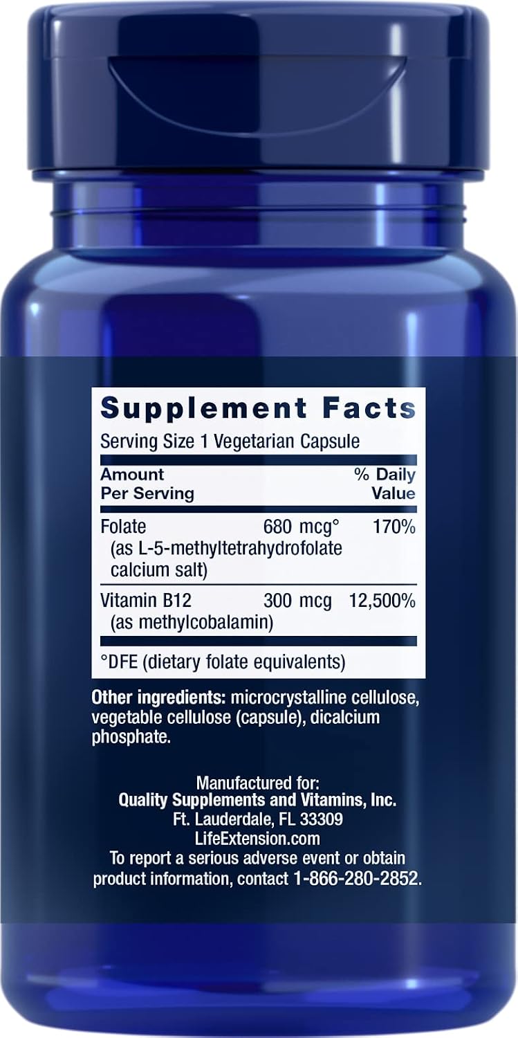 Life Extension BioActive Folate y Vitamina B12, 150 Cápsulas Vegetarianas - Suplemento No Transgénico y Sin Gluten