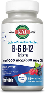 Suplemento de vitamina B-6, B-12 y ácido fólico de KAL, salud cardíaca, energía y apoyo para los glóbulos rojos*, con vitamina B12 metilcobalamina y folato, sabor natural a bayas, 60 porciones, 60 microtabletas ActivMelt