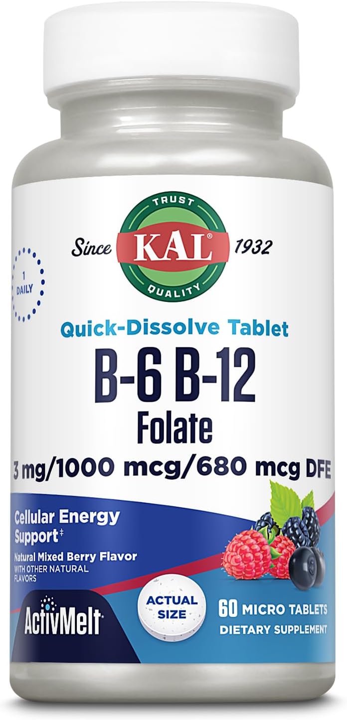 Suplemento de vitamina B-6, B-12 y ácido fólico de KAL, salud cardíaca, energía y apoyo para los glóbulos rojos*, con vitamina B12 metilcobalamina y folato, sabor natural a bayas, 60 porciones, 60 microtabletas ActivMelt