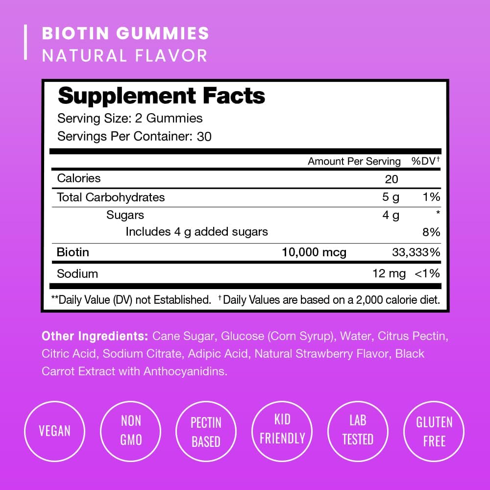 NutraChamps Biotin Gummies 10000mcg - Gominolas de Biotina para Cabello, Piel y Uñas - Vegano, Sin Gluten