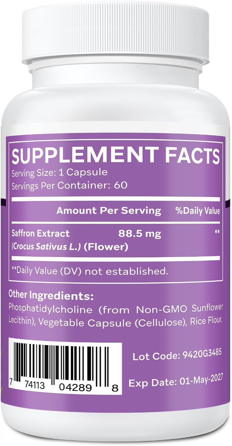 Suplemento de Azafrán Liposomal 88,5 mg, Máxima Absorción, Extracto Puro de Azafrán para el Estado de Ánimo, Energía, Visión y Concentración - 60 Cápsulas Veganas