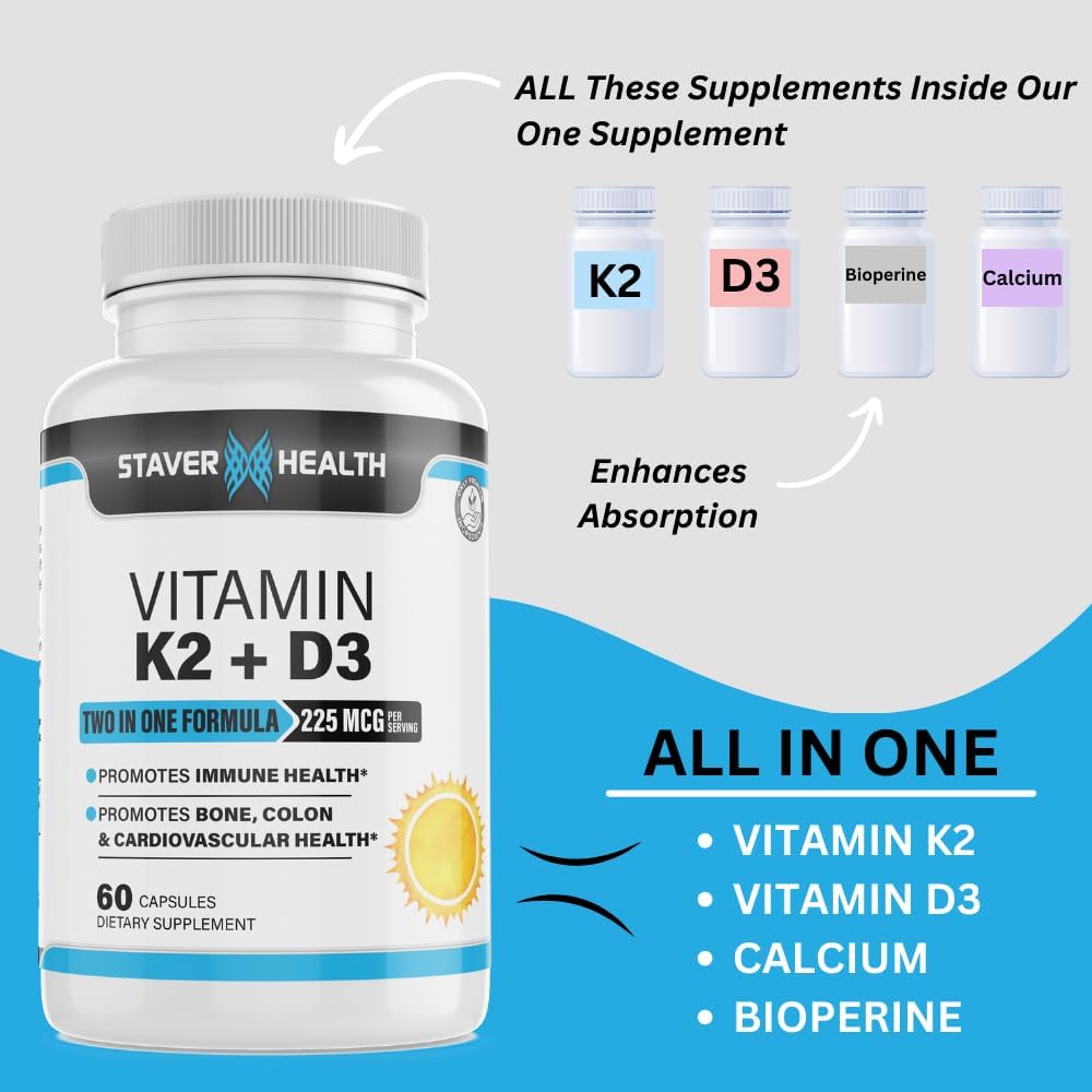 Vitamina K2 D3 con Calcio y Bioperina, 60 Cápsulas
