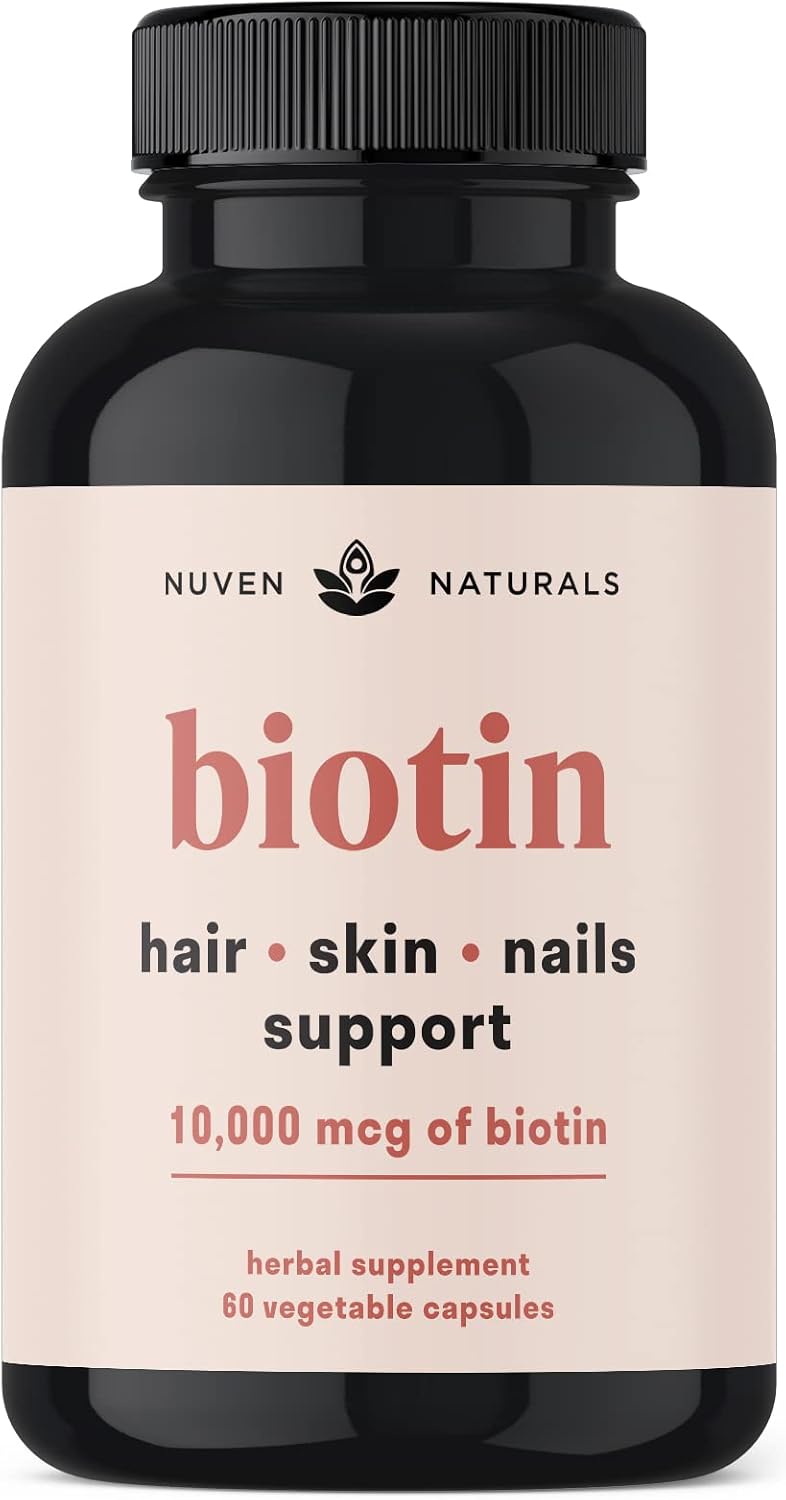 Biotina 10000 mcg con Vitaminas y Adaptógenos - Suplemento para Cabello, Piel y Uñas | Vegano, Sin Gluten, 60 Cápsulas