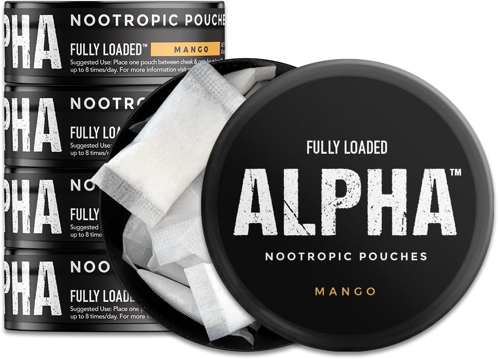 Fully Loaded Alpha Nootropic Pouches (Mango) - 5 Latas - 15 Bolsitas por Lata - Reemplazo de Bolsitas de Nicotina