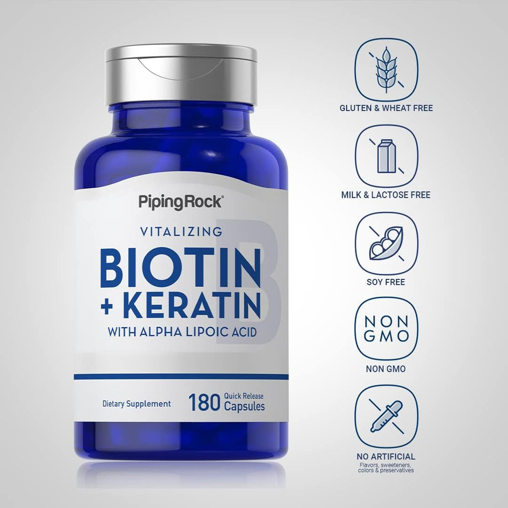 Piping Rock Biotina 5000mcg con Keratina y Ácido Alfa Lipóico – 180 Cápsulas