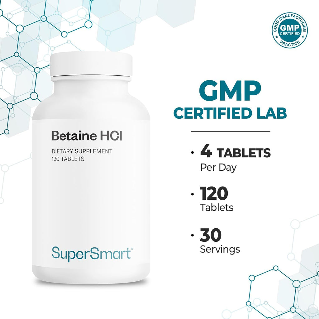 Supersmart - Betaina HCI 2600 mg - 120 Comprimidos - Fórmula de Ácido Clorhídrico para una Digestión Saludable