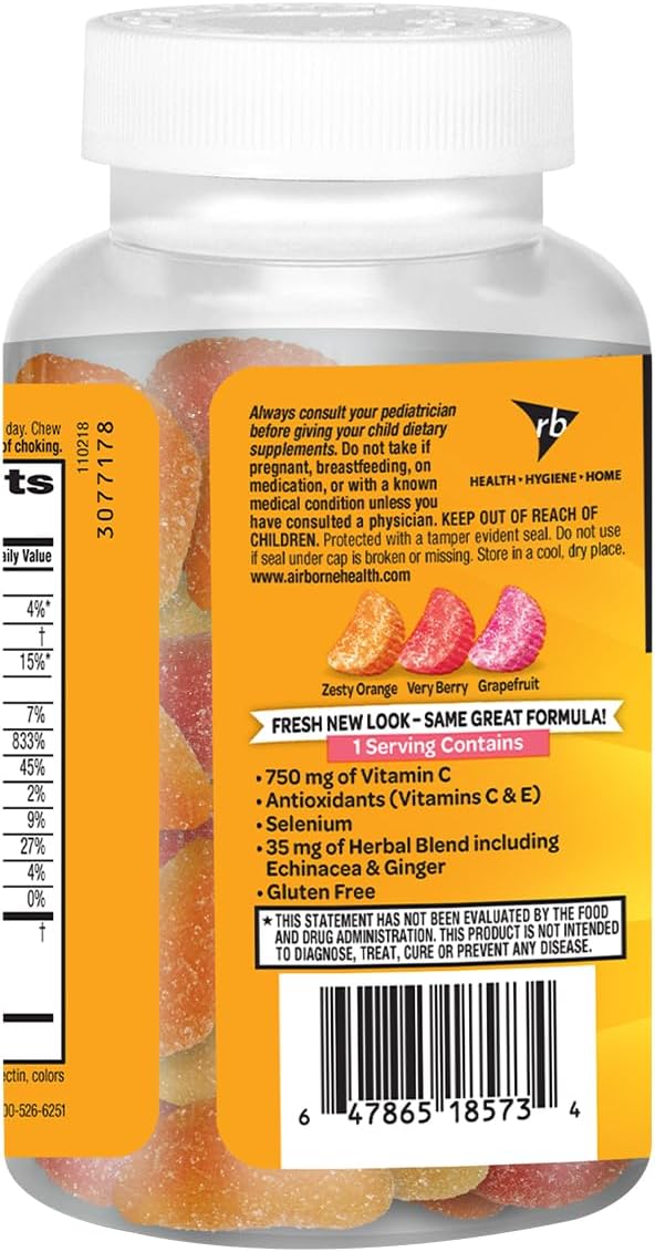 Airborne 750 mg Vitamina C Gomitas para el Apoyo Inmunológico, Sabor a Frutas Variadas, Sin Gluten, 42 Gomitas (2 Paquetes)