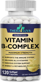 TheraSuva Complejo B + CoQ10 + Vitamina C - Suplemento de Máxima Potencia para Energía y Apoyo al Metabolismo, 2 Meses de Suministro, 120 Cápsulas Blandas