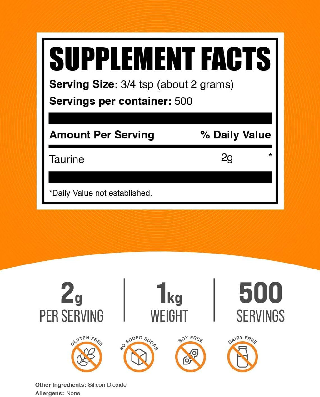 BulkSupplements Taurina en Polvo 1kg (2.2 lbs) - Sin Sabor y Sin Gluten