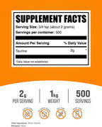 BulkSupplements Taurina en Polvo 1kg (2.2 lbs) - Sin Sabor y Sin Gluten