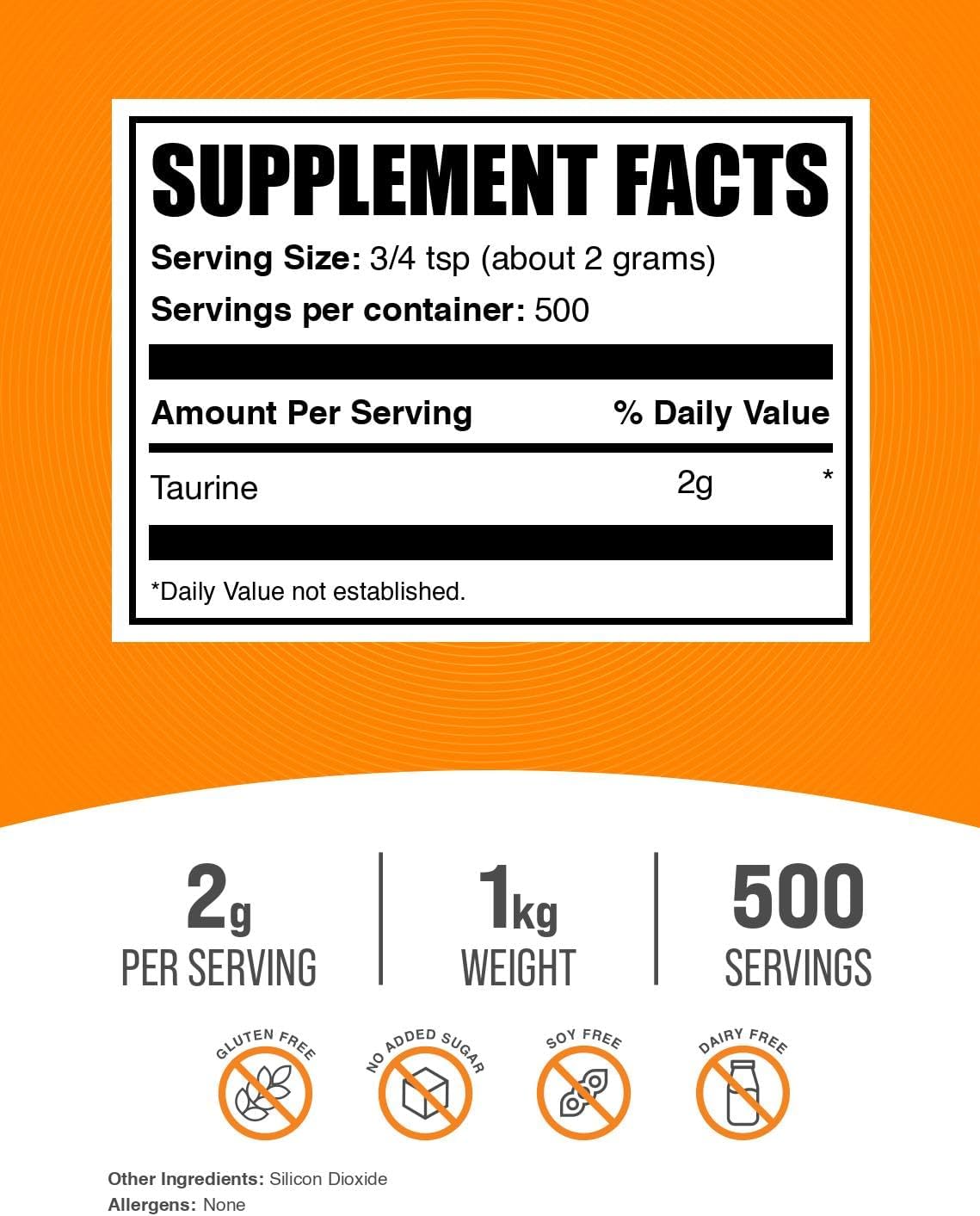 BulkSupplements Taurina en Polvo 1kg (2.2 lbs) - Sin Sabor y Sin Gluten
