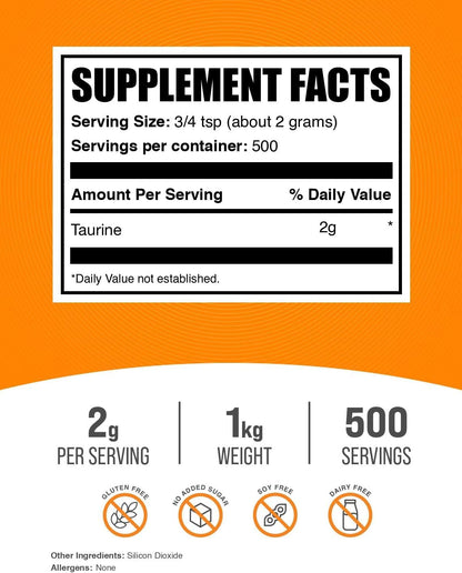 BulkSupplements Taurina en Polvo 1kg (2.2 – Sin sabor: Ideal para añadir a batidos, agua o cualquier bebida sin – Image 2