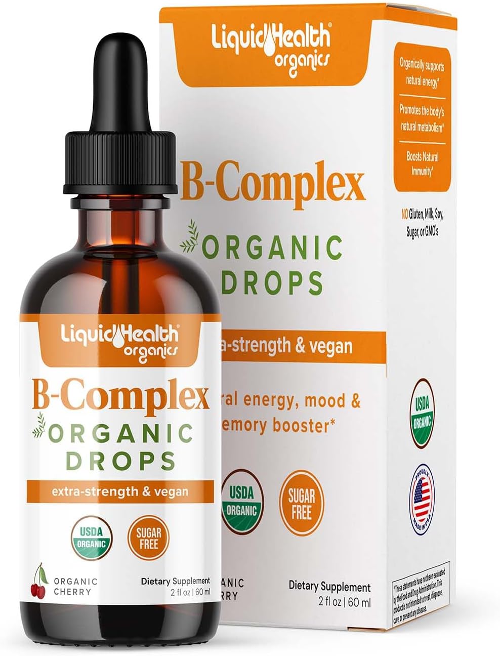LIQUIDHEALTH Gotas de Complejo B Orgánico USDA para Hombres y Mujeres - Energía Natural, Enfoque, Memoria y Estado de Ánimo, Apoyo Inmunológico, Impulso al Metabolismo - Fabricado en EE. UU., Sin Azúcar, Vegano (2 Paquete)