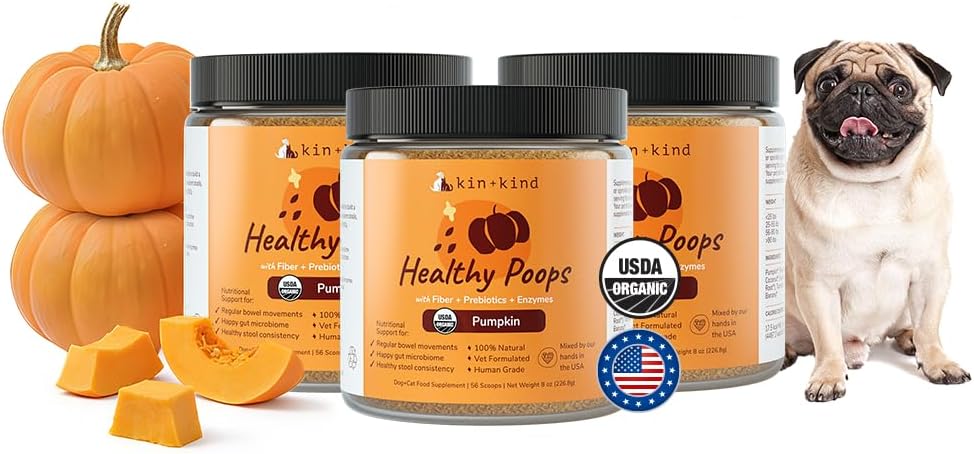 kin+kind Healthy Poops – Polvo de Calabaza Orgánico para Perros y Gatos – Prebiótico – Paquete de 3 (3 x 227 g)