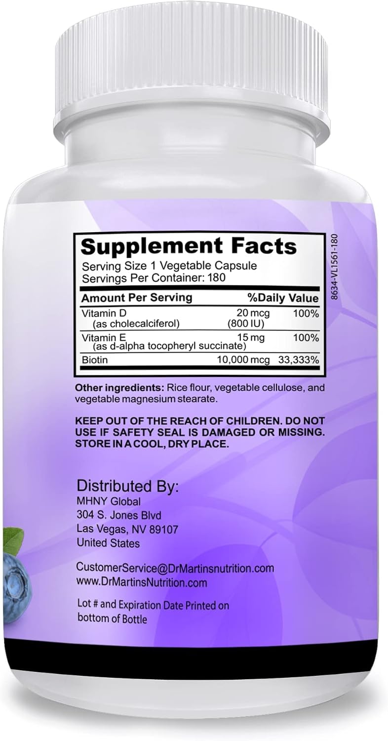 DR. MARTIN'S NUTRITION Biotina 10.000 mcg con Vitamina D3 y E, 180 Cápsulas