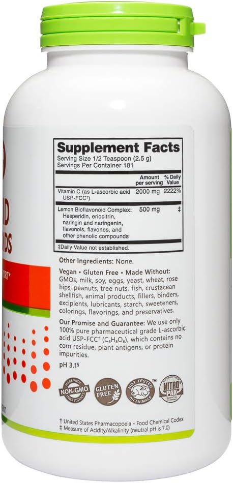 NutriBiotic - Ácido Ascórbico con Bioflavonoides en Polvo, 454 g | 2000 mg de Vitamina C con Complejo de Bioflavonoides de Limón | Vegano, Sin Gluten y Sin OGM