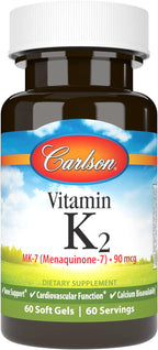 Carlson - Vitamina K2 MK-7 (Menaquinona), 90 mcg, Soporte Óseo, Biodisponibilidad del Calcio, Vitamina K-2, 60 Cápsulas Blandas
