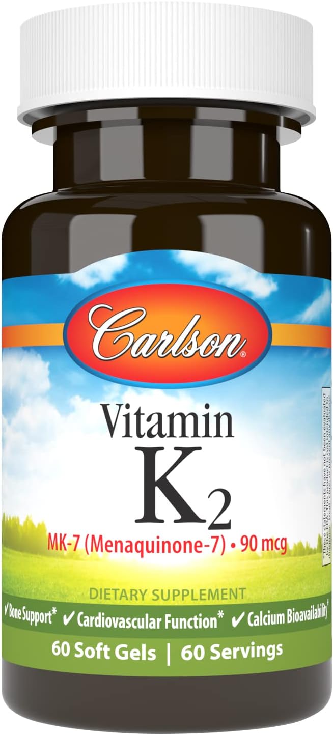 Carlson - Vitamina K2 MK-7 (Menaquinona), 90 mcg, Soporte Óseo, Biodisponibilidad del Calcio, Vitamina K-2, 60 Cápsulas Blandas