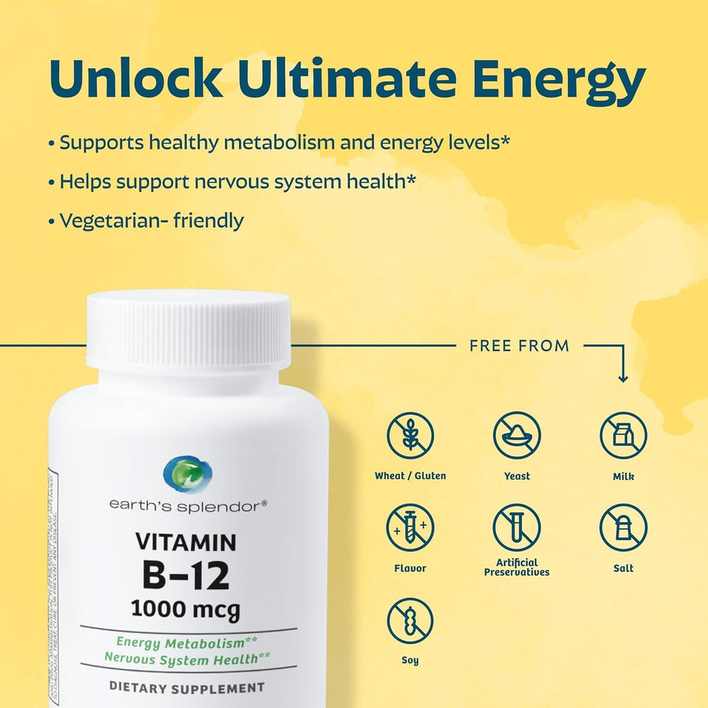 Earth's Splendor Energy + Muscle Support: Vitamina B12 (1000mcg) y Magnesio (500mg) - Sin Gluten, Sin Trigo, Sin Sabores Artificiales