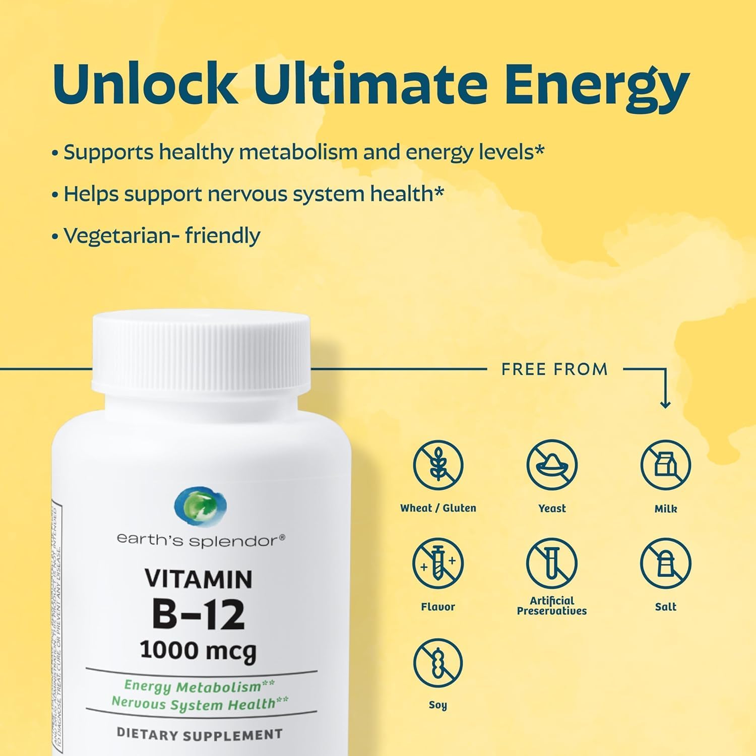Earth's Splendor Energy + Muscle Support: Vitamina B12 (1000mcg) y Magnesio (500mg) - Sin Gluten, Sin Trigo, Sin Sabores Artificiales