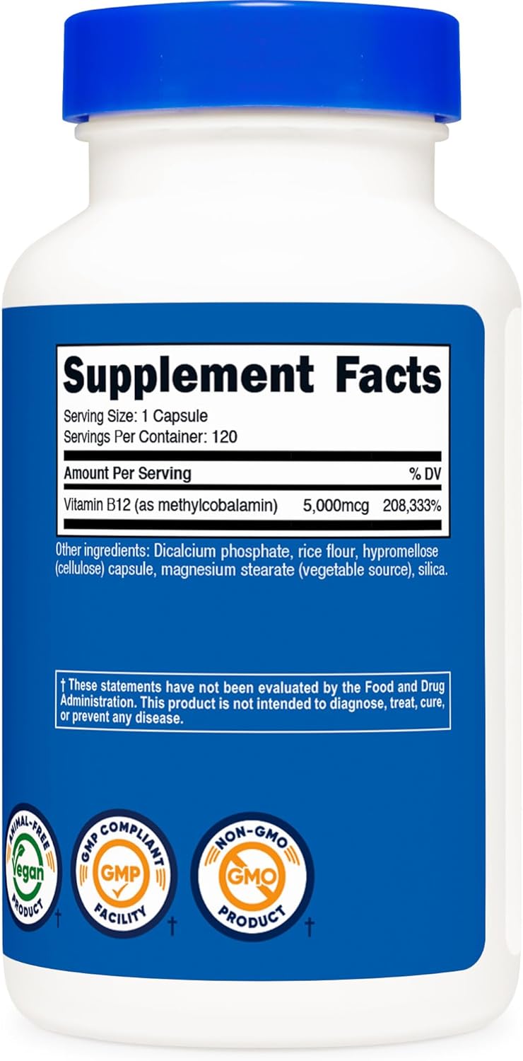 Nutricost Vitamina B12 (Metilcobalamina) 5000mcg, 120 Cápsulas - Sin Gluten, No OGM, Cápsulas Vegetarianas