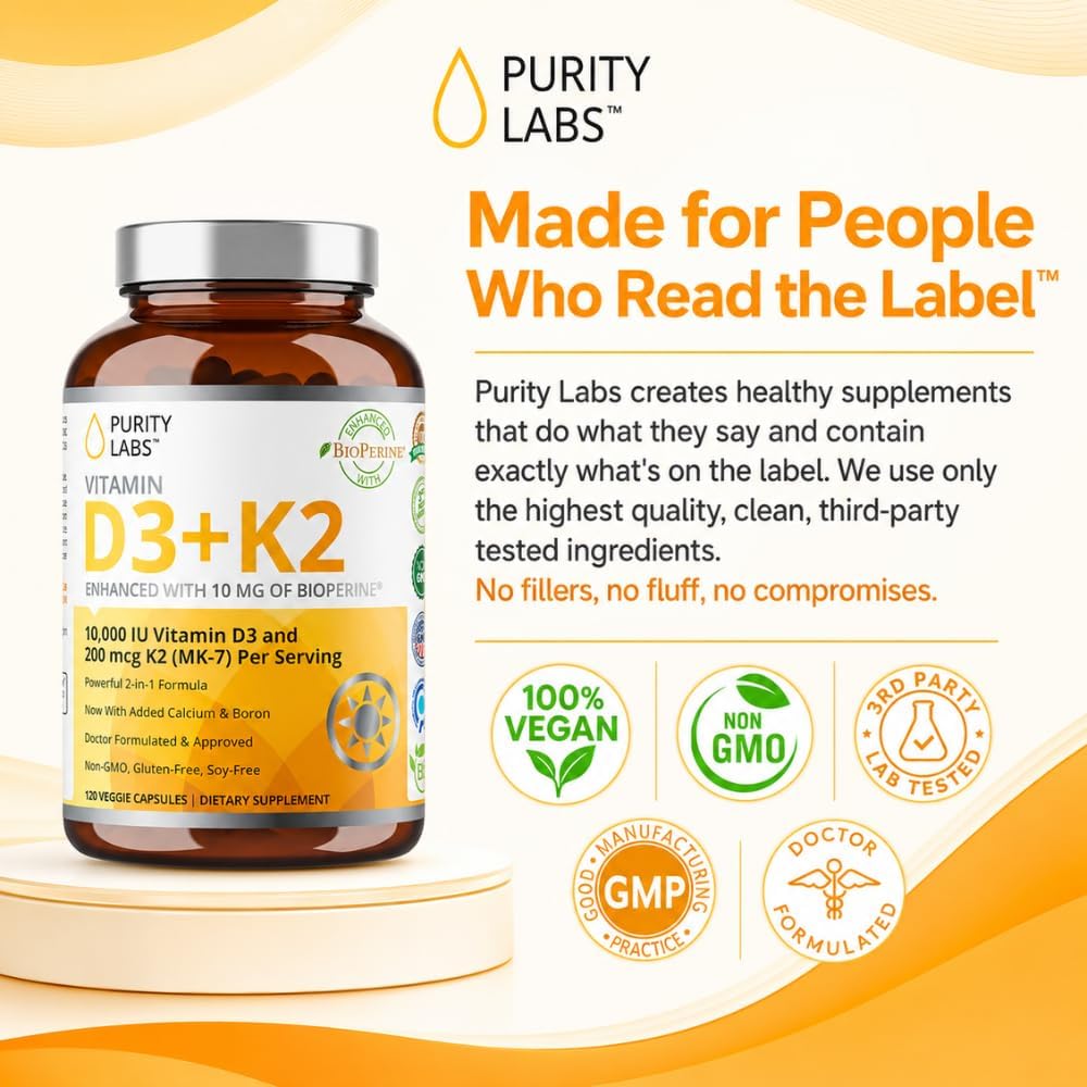 Purity Labs Vitamina D3 + K2 10000 IU, 200 mcg K2 MK-7 con Bioperine, 120 Cápsulas