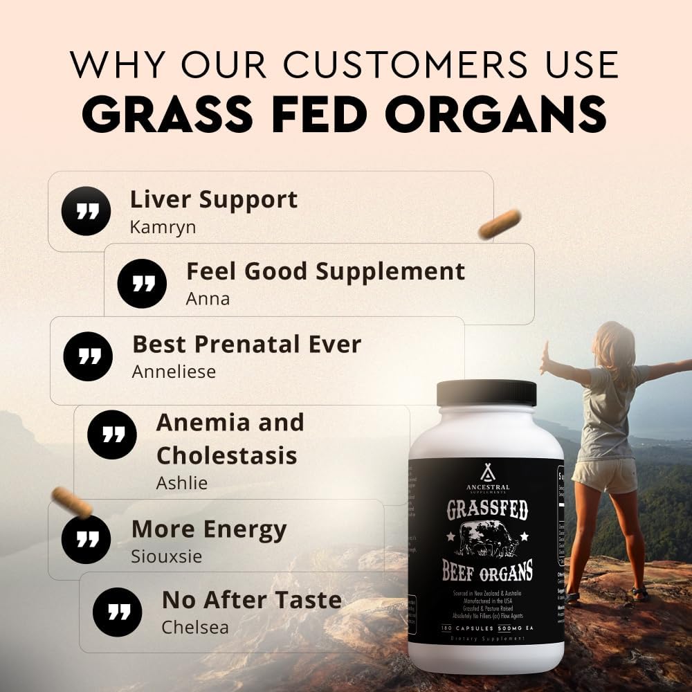 Ancestral Supplements Suplemento de Órganos de Res Alimentados con Pasto - Mezcla de Hígado, Corazón, Riñón, Páncreas, Bazo - Liofilizado - No GMO - 180 Cápsulas
