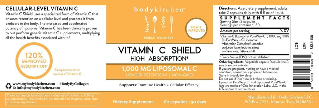 Body Kitchen Liposomal Vitamin C Shield, 1000mg PureWay-C, Alta Absorción, Cápsulas Vegetales, 60 Unidades